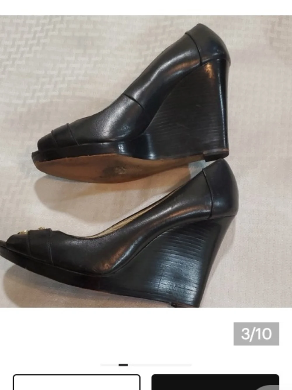 Michael Kors Black Leather Peep-Toe Wedge Pumps with Gold Logo